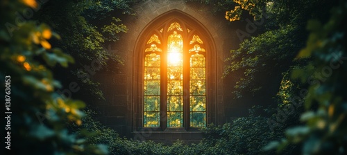 Obraz na płótnie Morning sunlight from church window arch. Christian faith worship spirituality concept. Generative AI technology.
w salonie