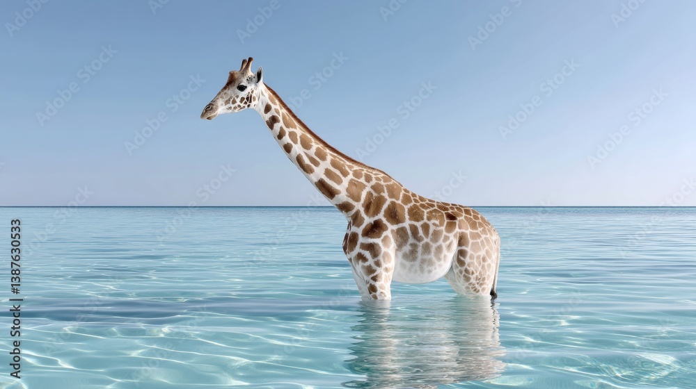 Obraz premium Giraffe is standing in the water, looking out at the ocean. The scene is peaceful and serene, with the giraffe being the only living creature in the image