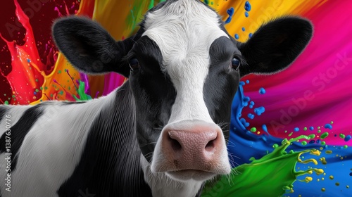 A cow is staring at the camera with its head tilted to the side. The cow is surrounded by a colorful splash of paint, giving the image a playful and whimsical feel
