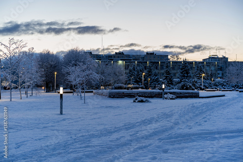 Winter landscapes in the city of Kirovsk, Leningrad region, Russia.
