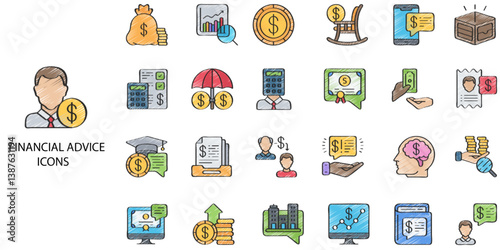 Financial Advice simple concept 24 hand drawn color icons set. Contains such budget, purchase, employee, adviser, advice .Vector illustration.