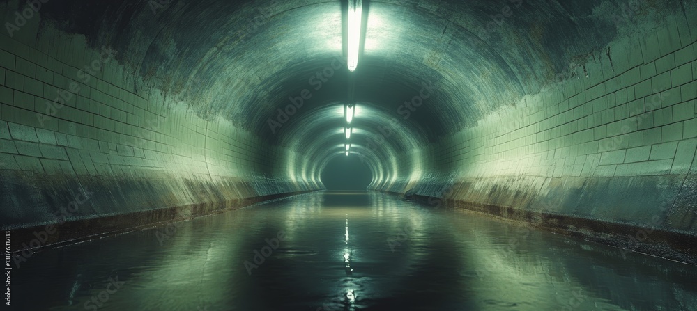 Abandoned horror sewage tunnel. Environment chemical polluted damage. Generative AI technology.