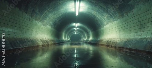 Abandoned horror sewage tunnel. Environment chemical polluted damage. Generative AI technology.