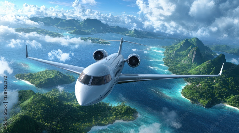Fototapeta premium Private Jet Soaring Above Tropical Islands