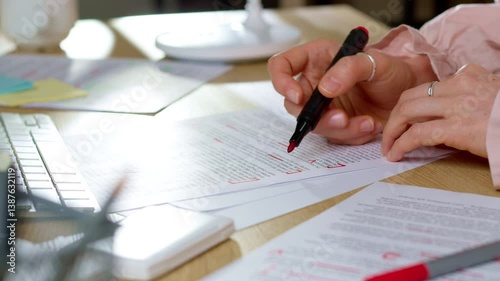 The woman works with the text as a translator or scriptwriter. The editor marks words on paper.