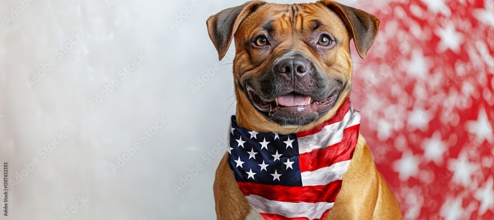 Boerboel dog with America flag shawl. 4th of July or America independence day. Generative AI technology.