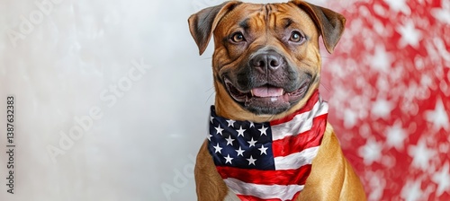 Obraz na płótnie Boerboel dog with America flag shawl. 4th of July or America independence day. Generative AI technology.
w salonie