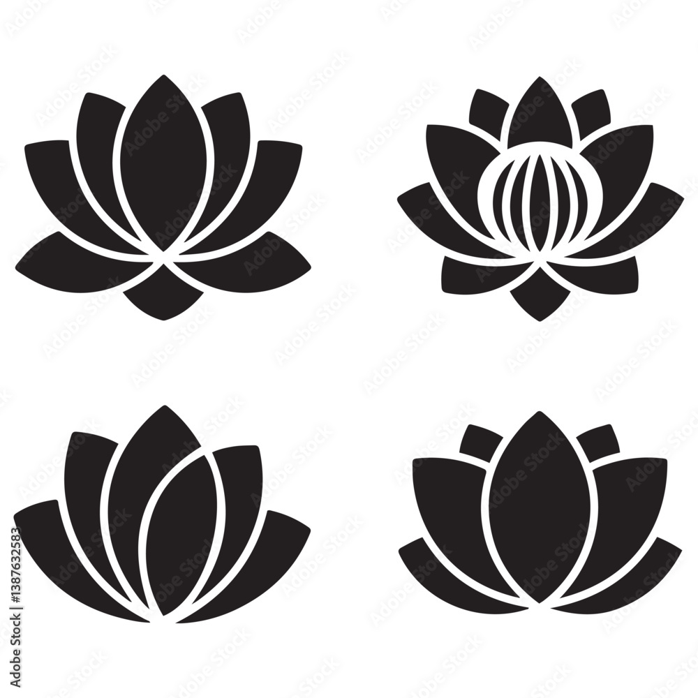 Fototapeta premium Set of Silhouette Vector Black of lotus flowers. with white background
