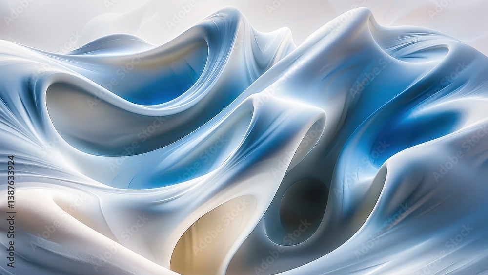 Obraz premium An abstract digital artwork featuring flowing, smooth textures in blue and white. The image showcases elegant curves and a dynamic wave design, offering a modern and futuristic aesthetic.