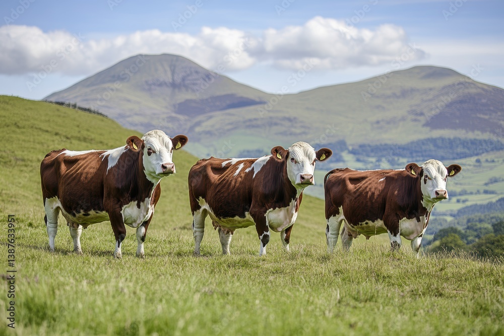 Fototapeta premium Cows grazing in green pasture landscape with mountains, livestock farming, nature, rural scenery, animal husbandry, dairy cattle, agriculture, serene environment.
