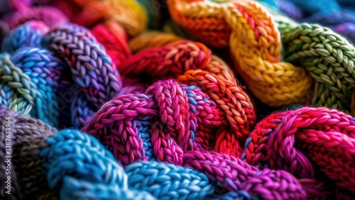 A vibrant and colorful close-up of knitted yarn showcasing various textures and patterns. Perfect for representing handmade crafts and textile artistry.