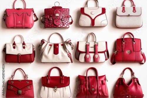 A collection of stylish red and white handbags elegantly arranged, showcasing luxury fashion and contemporary design.