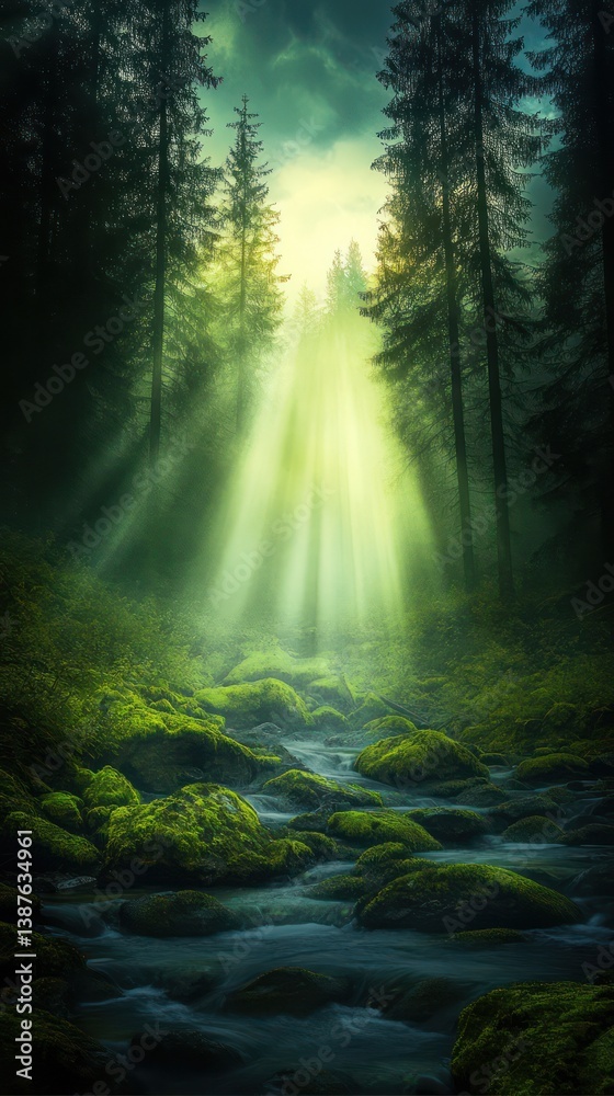 Obraz premium Sunbeams illuminate mossy stream in dark forest