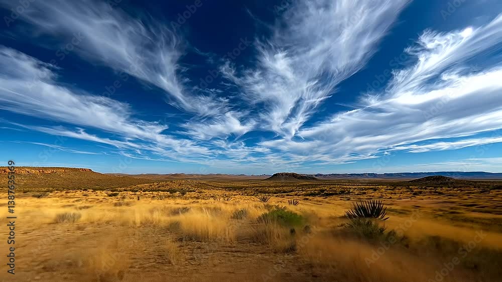 Wide-angle view of a vast desert landscape, with rolling dunes, scattered cactus plants, and a dramatic sky filled with swirling clouds Wide-angle view of a vast desert landscape, with rolling dunes, scattered cactus plants, and a dramatic sky filled with swirling clouds