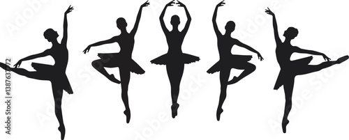 Silhouettes of Ballerinas in Synchronized Arabesque Formation – Elegant Vector Illustration