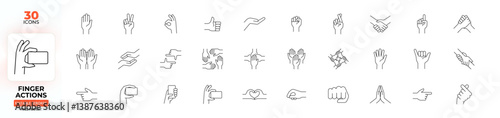 Finger Actions Line Icon Set – Hand Gestures, Communication, Interaction, Editable Stroke.
