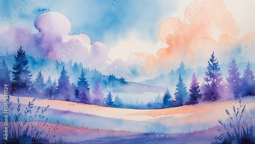 Watercolor Winter Landscape With Forest Trees In Blue Purple And Peach Hues