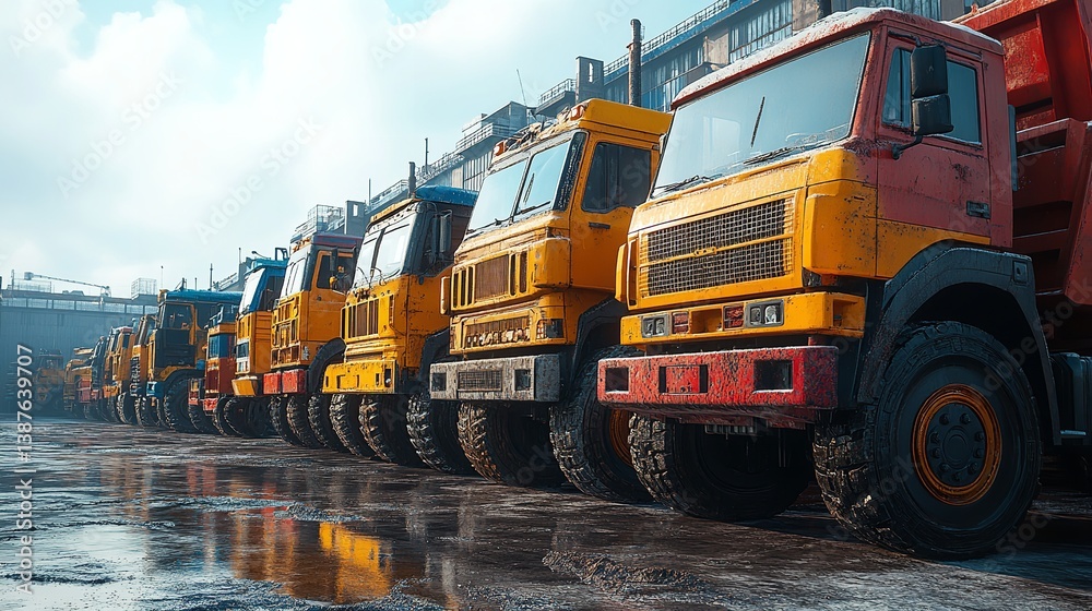 A line of weathered mining trucks parked reflecting sunlight in a muddy lot under a cloudy sky A line of weathered mining trucks parked reflecting sunlight in a muddy lot under a cloudy sky