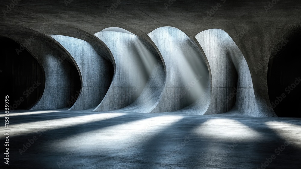 Modern, dark, concrete interior space with arched windows. Sunlight streams into the room Modern, dark, concrete interior space with arched windows. Sunlight streams into the room
