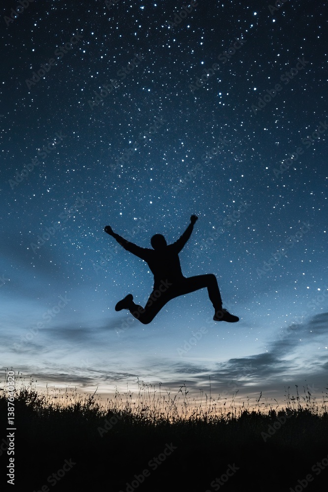 Silhouette of person jumping against a starry night sky in a field setting Silhouette of person jumping against a starry night sky in a field setting