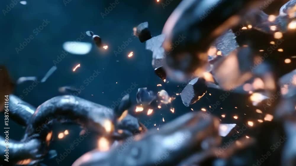 Strong metallic chain breaks apart, sending shards flying in all directions. This captivating display showcases power and energy in vibrant detail