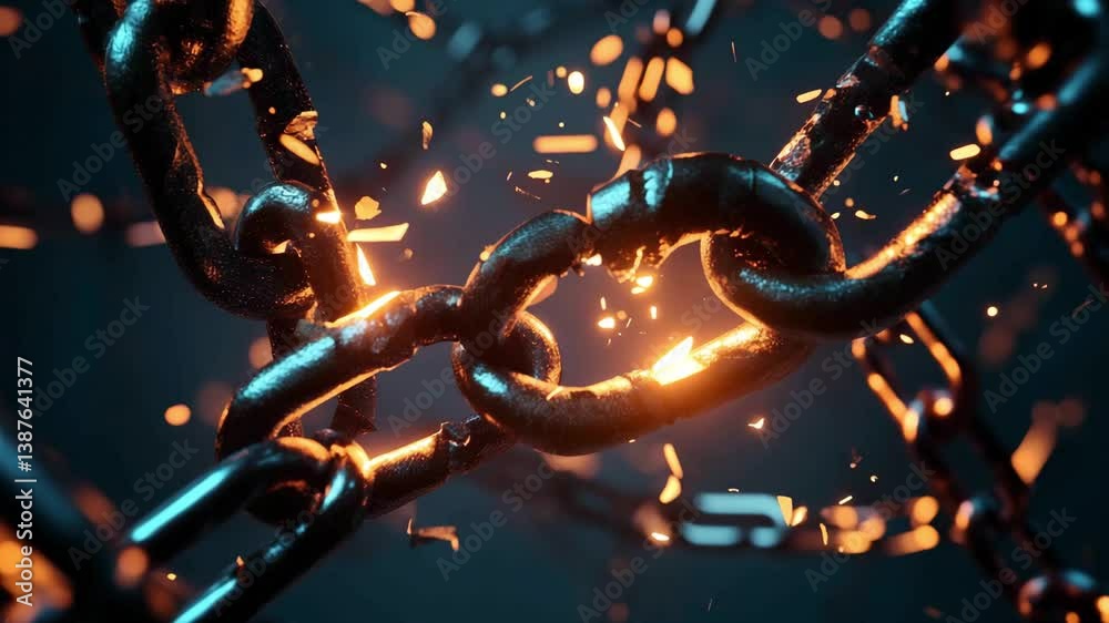 In this dramatic display, a chain breaks apart, unleashing bright sparks surrounded by intense energy. The captivating visuals capture the moment's raw power and impact
