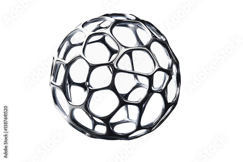 Futuristic 3d of spherical molecular silver structure representing biotechnology. Isolated on cut out PNG or transparent background. Scientific technology innovation and advanced nanotechnology.