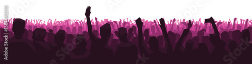 Crowd of people at a concert or festival with raised hands in stylized vector silhouette.