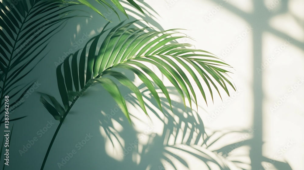 Fototapeta premium Sunlit green leaves casting shadows on a white wall