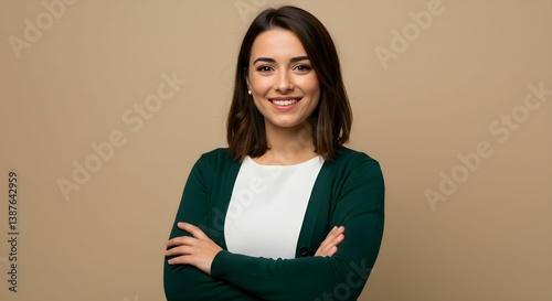 Cheerful Hispanic woman standing against a beige background. Her arms are crossed.