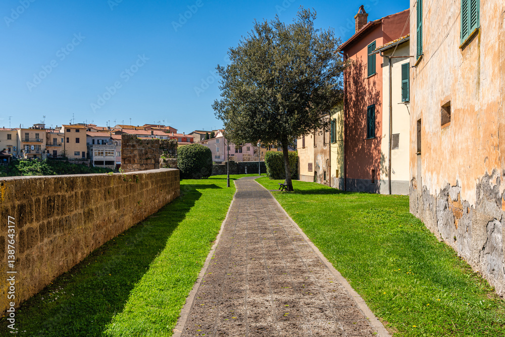 Scenic sight in Tuscania on a sunny spring day. Province of Viterbo, Lazio, Italy.