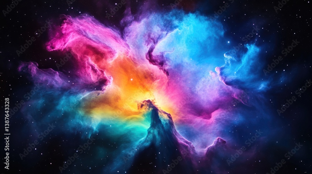 Fototapeta premium A vibrant cosmic nebula with swirling clouds of pink, blue, and orange gas glowing against a dark starry space background.