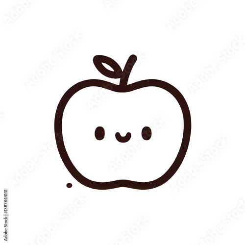 Happy apple line art, brown and white, cheerful fruit illustration on white