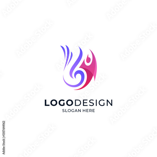 people and fire in the shape of a phoenix for sports, gymnastics, yoga, or medical treatment logos
