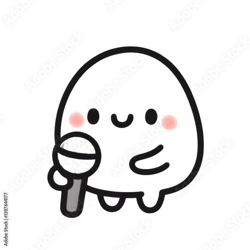 Happy singing blob character line art, black, white and grey, joyful performance illustration on white
