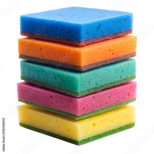 A vibrant stack of colorful cleaning sponges, ready for any chore, showcasing their cheerful, textured surfaces and layered design.