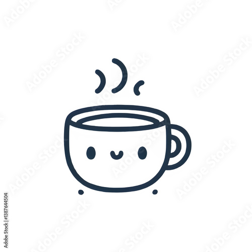 Smiling coffee cup line art, dark blue, happy beverage illustration on white