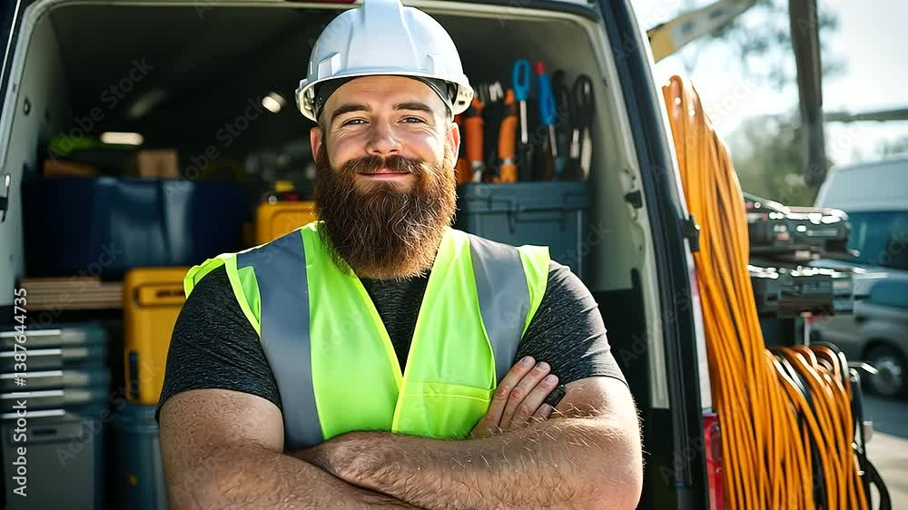 Bearded electrician wearing a safety vest and hard hat stands proudly next to his open van, sunlight highlighting the assortment of coiled wires, drills, and tool cases inside