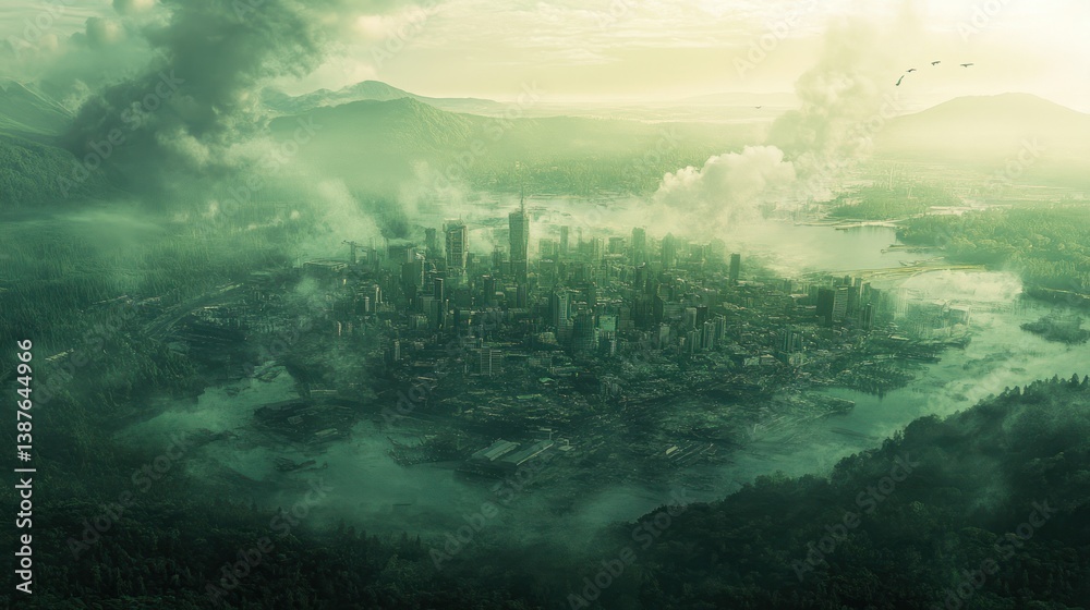 Naklejka premium Emerald Metropolis: A Cityscape Shrouded in Mists and Lush Landscapes