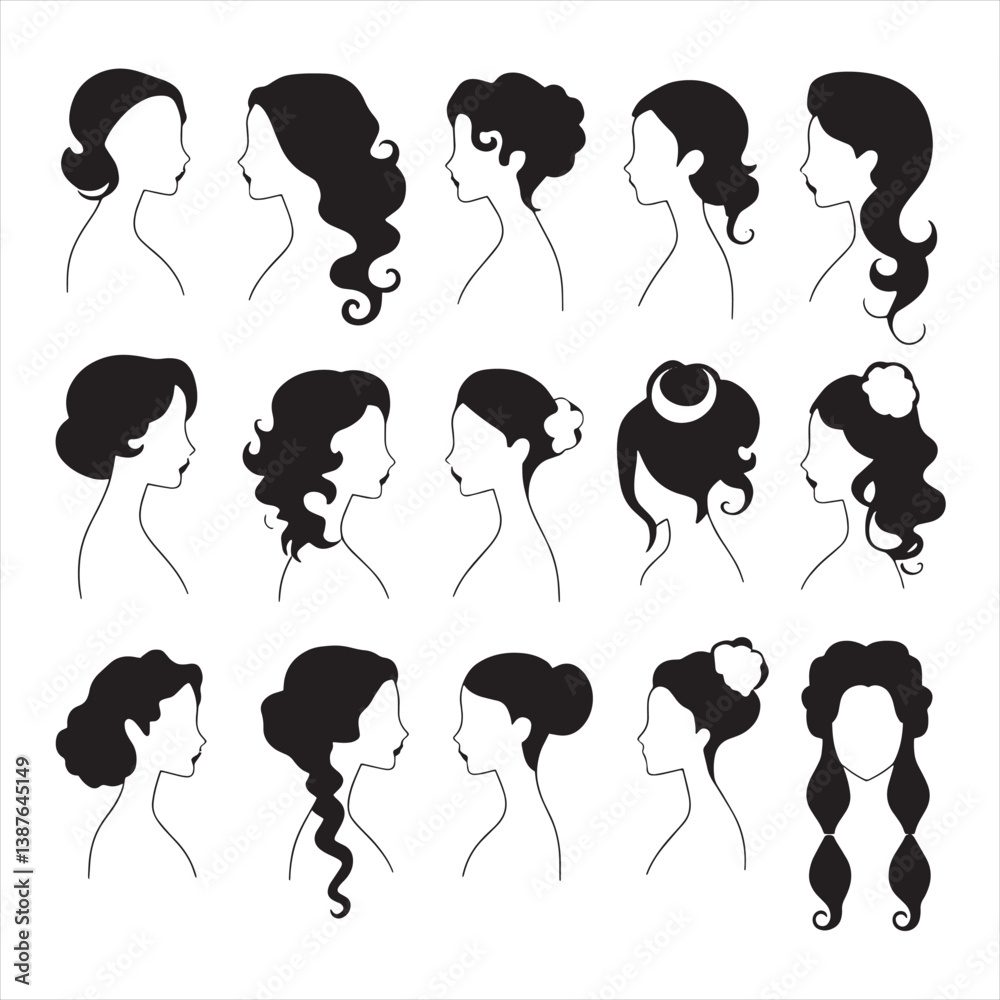 Set of female head silhouettes with elegant hairstyles, black vector illustration on white background Set of female head silhouettes with elegant hairstyles, black vector illustration on white background