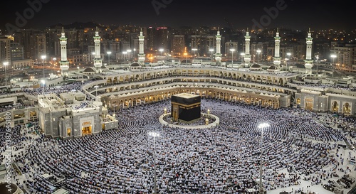 Nighttime Aerial View of the Grand Mosque in Mecca During Hajj photo