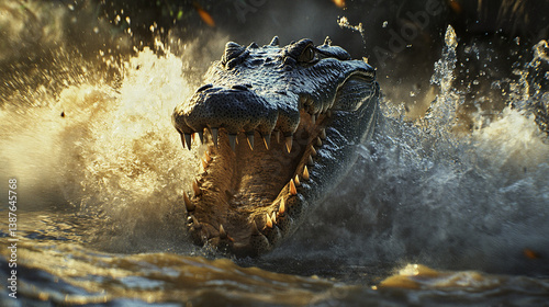 crocodile lunges forward in river, water splashing dramatically