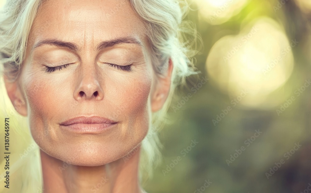A close-up portrait captures the serene image of a middle-aged woman with closed eyes, immersed in deep contemplation A close-up portrait captures the serene image of a middle-aged woman with closed eyes, immersed in deep contemplation