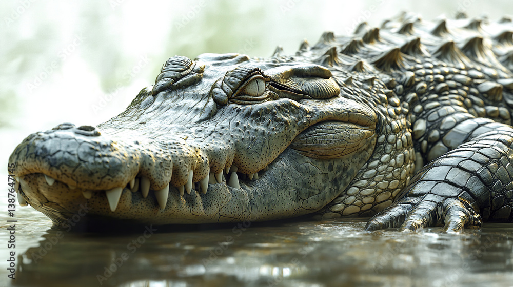 Fototapeta premium Crocodile resting with its tail curled in soft light