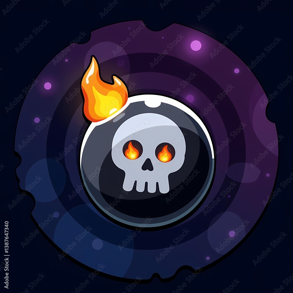 Fototapeta premium Galactic Swirl: Monochrome Skull Icon Kit with Fiery Embers