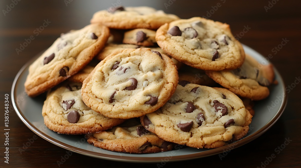 Stack of chocolate chip cookies on a plate in moody lighting Stack of chocolate chip cookies on a plate in moody lighting