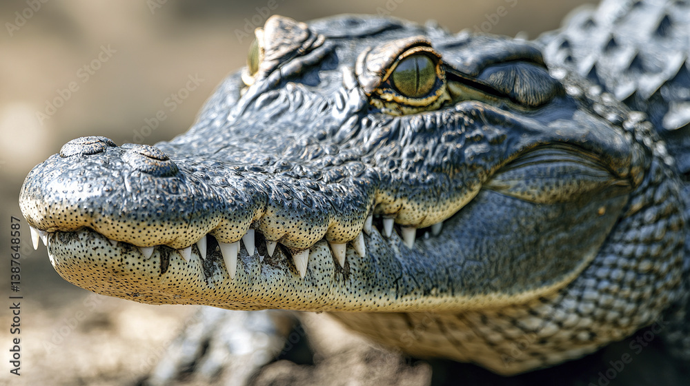 Fototapeta premium Close up of crocodile with strong jawline and textured skin