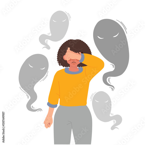 Woman suffers from mental health problems. The concept is paranoid woman in panic. Flat vector illustration isolated on white background.