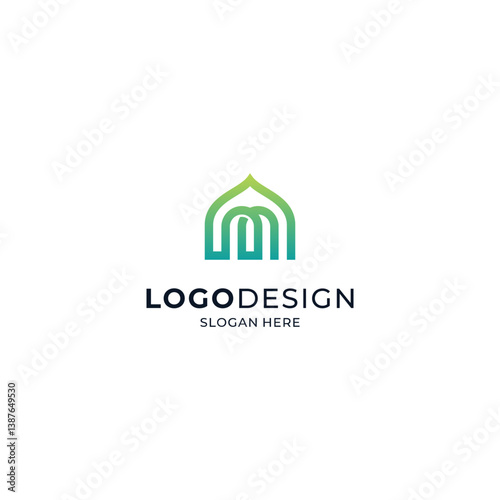 mosque and letter M with line art style for religious logos, Ramadan and Islamic holidays