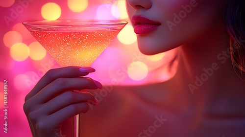Cosmopolitan Moment: A woman's alluring sip of a Cosmopolitan cocktail, illuminated by soft lights, exuding a sense of sophisticated and seductive pleasure.